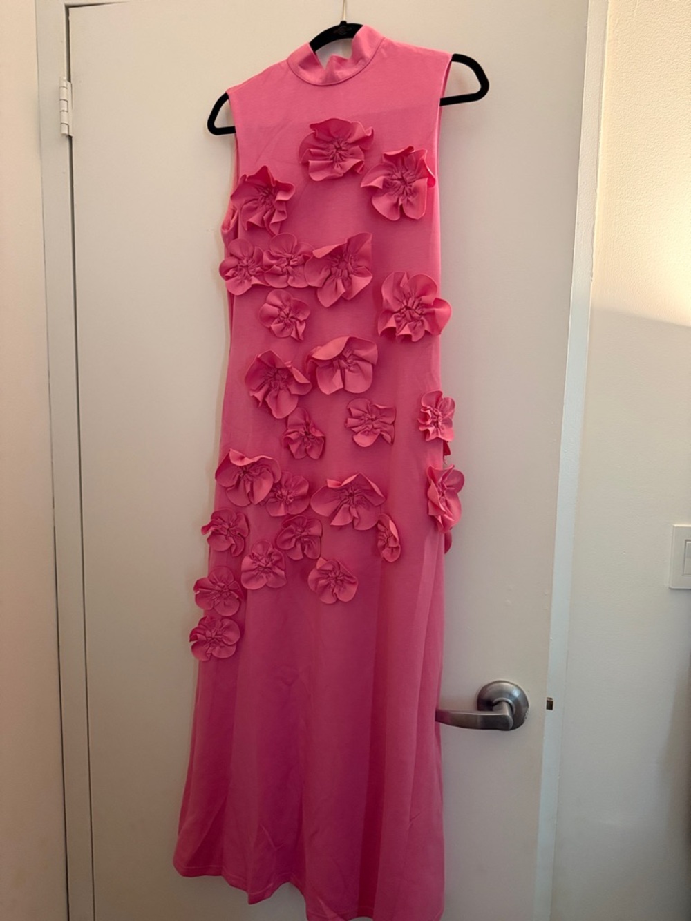 Sleeveless Pink Maxi Dress with 3D Floral Appliqués - Picture 3 of 3